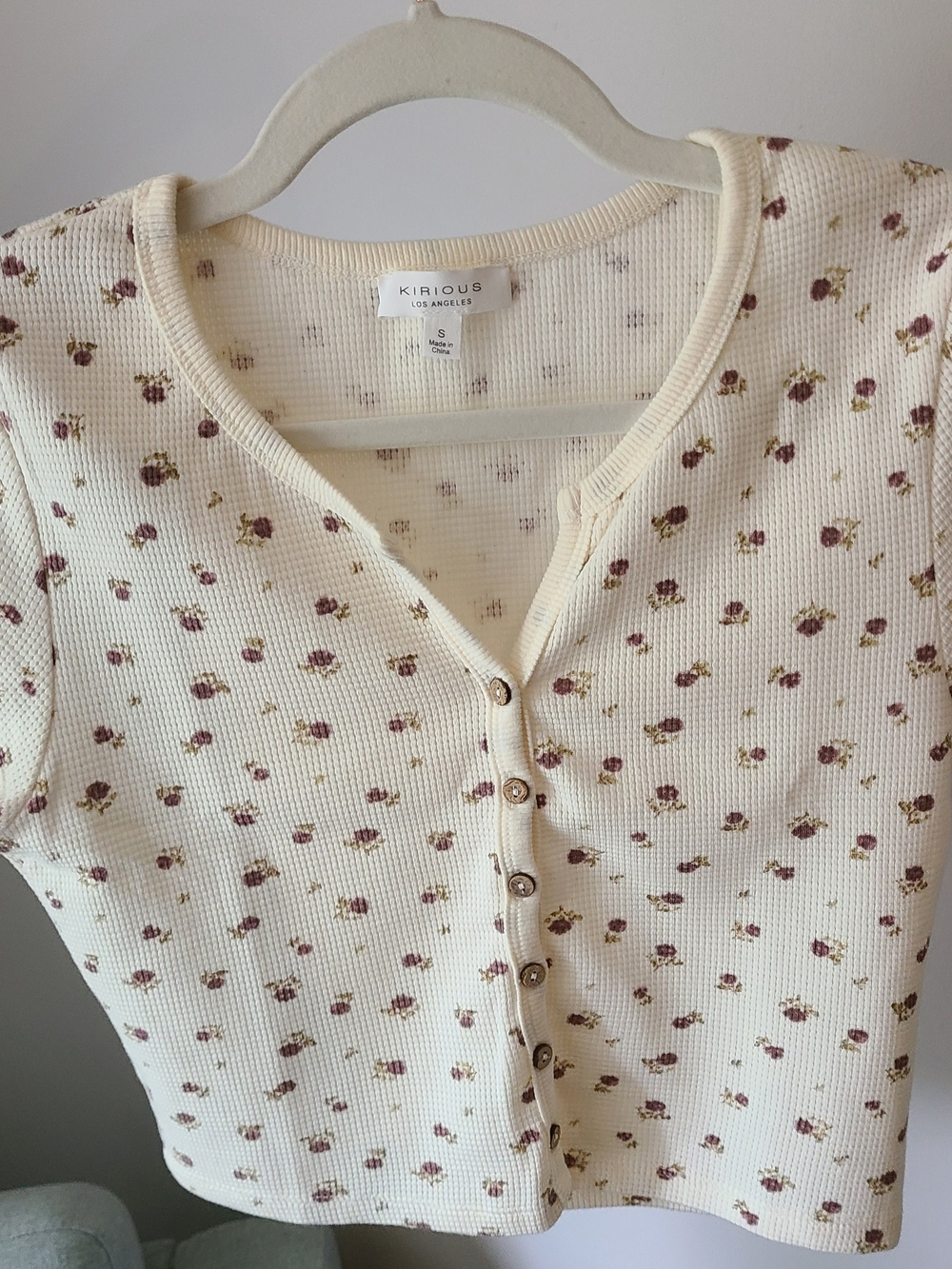 Kirious Cream Waffle-Knit Top with Subtle Mauve Dots